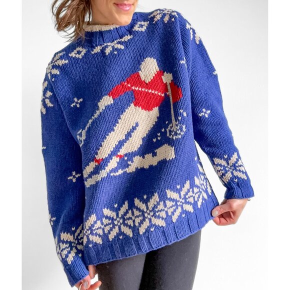 Lands’ End Ski Alpine Blue Lambswool Novelty Cozy Heavy Knit Sweater size large - Picture 2 of 9